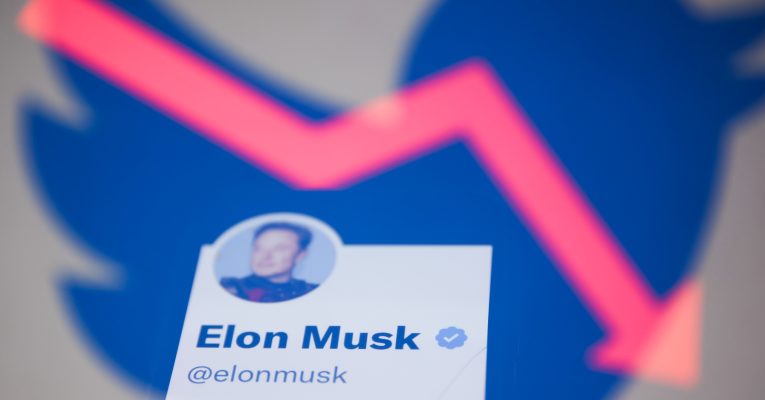 Roter absteigender Pfeil hinter einem Profilbild von Elon Musk
