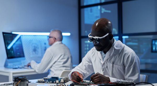 Zwei Forscher mit Entwicklungsbrille sitzt an einem Tisch mit vielen unterschiedlichen elektrischen Teilen und schweißt etwas