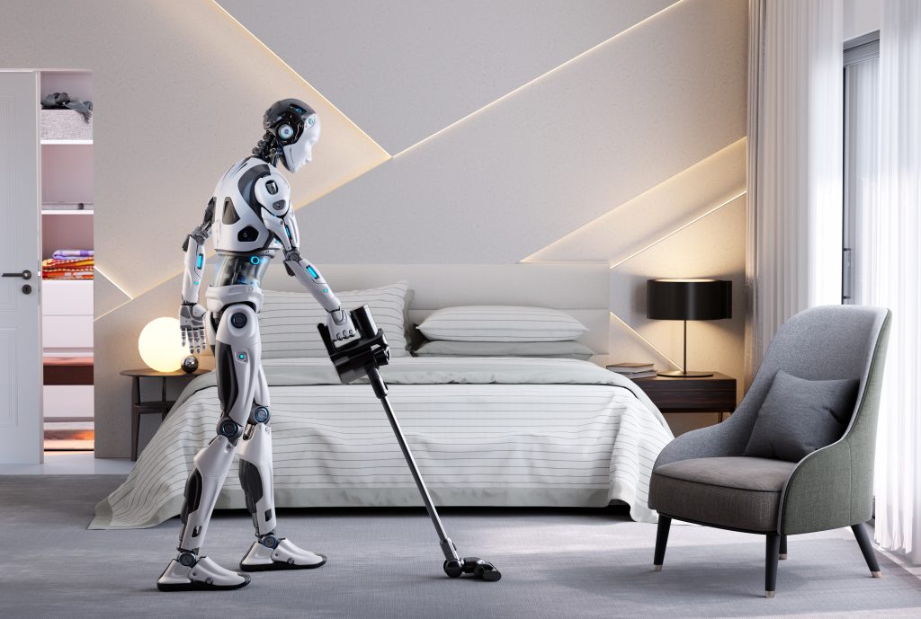 Roboter hält einen Staubsauger und saugt ein Wohnzimmer